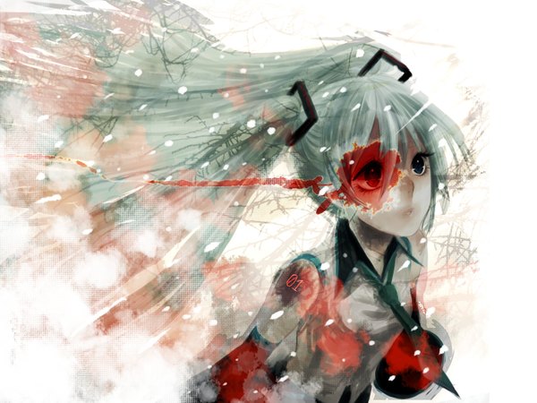 Anime picture 1400x1050 with vocaloid hatsune miku single long hair white background twintails looking away upper body parted lips black eyes leaning leaning forward body writing girl detached sleeves necktie