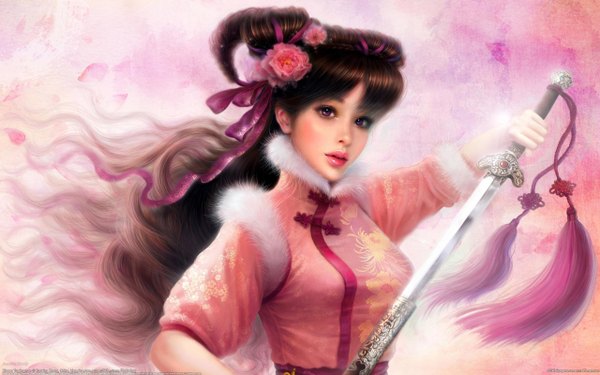 Anime picture 2560x1600 with original ruoxing zhang (artist) single long hair looking at viewer highres brown hair wide image purple eyes traditional clothes hair flower lipstick pink background girl hair ornament ribbon (ribbons) hair ribbon petals sword