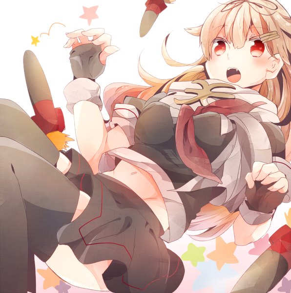 Anime picture 1200x1209 with kantai collection yuudachi destroyer sugino (patrassyar) single long hair tall image blush open mouth blonde hair red eyes bare belly remodel (kantai collection) girl thighhighs skirt gloves hair ornament weapon black thighhighs hairclip