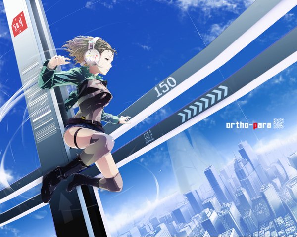 Anime picture 1600x1280 with original nekoita single short hair blonde hair sky cloud (clouds) profile wind wallpaper city jumping jpeg artifacts girl thighhighs jacket shorts belt headphones short shorts