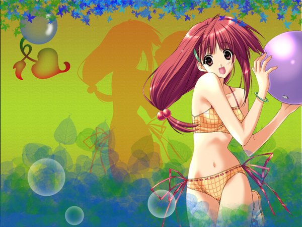 Anime picture 1600x1200 with original suzuhira hiro yoanime single long hair looking at viewer open mouth standing holding brown eyes red hair :d standing on one leg low ponytail third-party edit silhouette girl navel swimsuit bikini