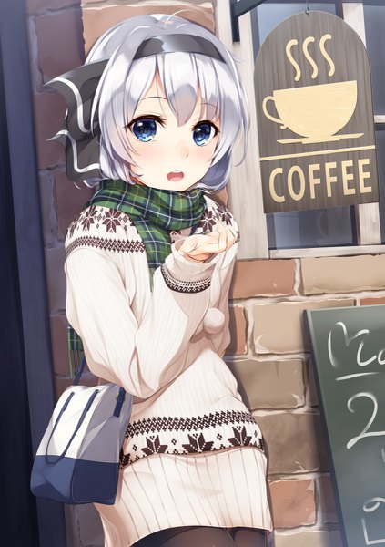 Anime picture 847x1200 with touhou konpaku youmu gedou (shigure seishin) single tall image looking at viewer blush short hair open mouth blue eyes silver hair outdoors alternate costume girl bow hair bow hairband scarf sweater bag