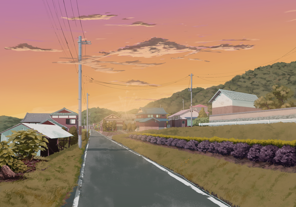 Anime picture 2000x1400 with original sasaki112 highres sky cloud (clouds) evening sunset no people landscape plant (plants) tree (trees) wire (wires) house power lines road