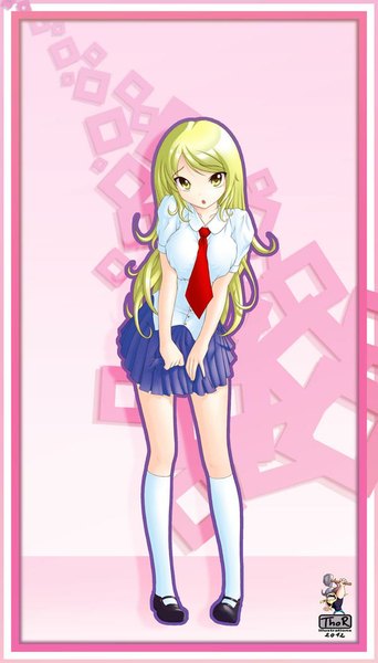 Anime picture 600x1050 with evilflesh (artist) single tall image looking at viewer blonde hair yellow eyes girl uniform school uniform shirt socks necktie white socks