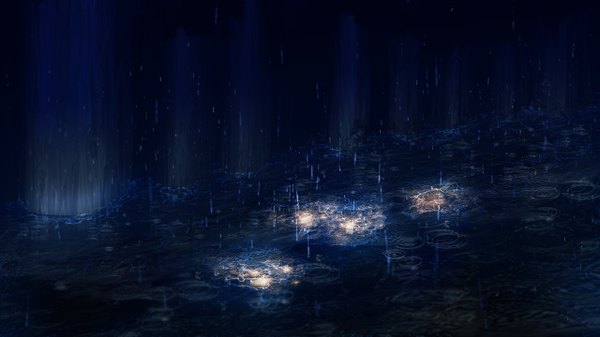 Anime picture 2560x1440 with original y y (ysk ygc) highres wide image night rain no people water water drop puddle
