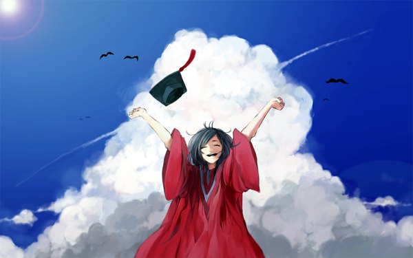 Anime picture 1000x626 with original pixiv naguri single short hair open mouth black hair smile wide image sky cloud (clouds) eyes closed arms up happy girl animal bird (birds)