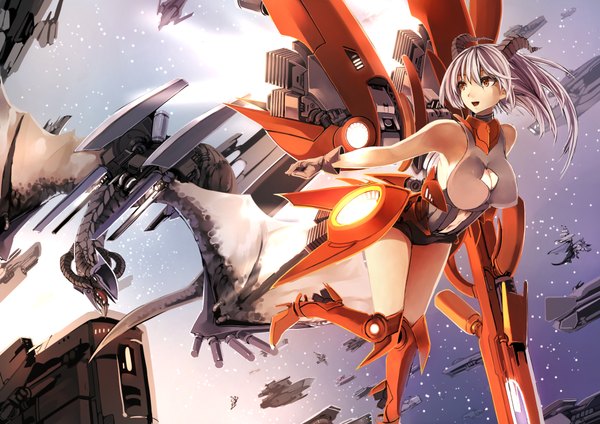 Anime picture 1980x1400 with original kyouya (mukuro238) single long hair highres breasts open mouth large breasts brown eyes horn (horns) grey hair flying mechanical wings girl gloves wings bodysuit