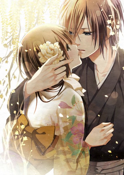 Anime picture 750x1058 with hakuouki shinsengumi kitan studio deen saito hajime chizuru yukimura uzuro yuna tall image blush blue eyes brown hair brown eyes traditional clothes japanese clothes hair flower alternate costume couple hug face to face eye contact almost kiss girl