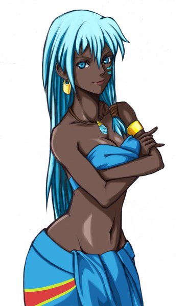 Anime picture 1147x1860 with atlantis: the lost empire disney kidagakash nedakh yatya single long hair tall image looking at viewer blue eyes light erotic simple background smile white background bare shoulders blue hair cleavage dark skin facial mark crossed arms girl