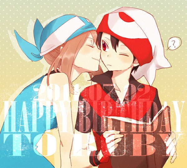 Anime picture 814x732 with pokemon pokemon special nintendo may (pokemon) ruby (pokemon) io (sinking=carousel) blush short hair black hair smile red eyes brown hair bare shoulders looking away eyes closed profile one eye closed character names dated polka dot