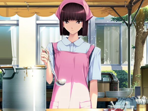 Anime picture 1024x768 with ningen debris sonobe sora short hair brown hair brown eyes game cg cooking girl food apron headscarf