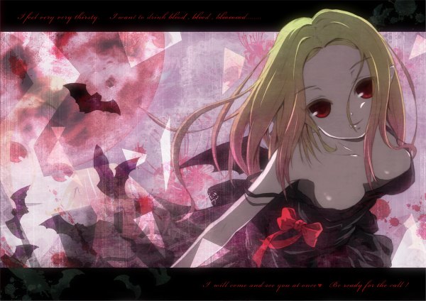 Anime picture 1200x848 with original miyai haruki single long hair looking at viewer breasts light erotic blonde hair smile red eyes cleavage multicolored hair pointy ears off shoulder fang (fangs) text gradient hair english vampire girl
