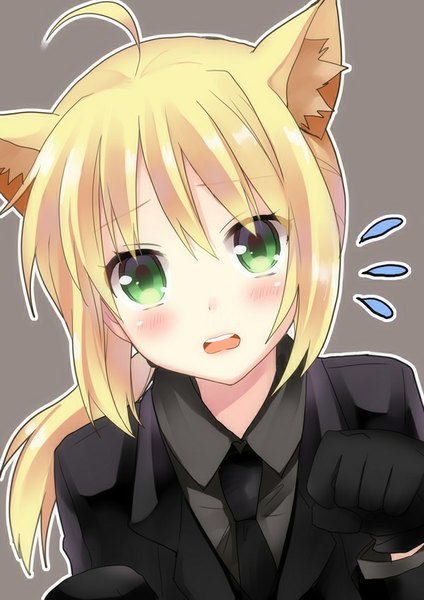 Anime picture 600x849 with fate (series) fate/stay night type-moon artoria pendragon (all) saber kurot single long hair tall image looking at viewer blush fringe open mouth green eyes animal ears ahoge white hair ponytail cat ears grey background