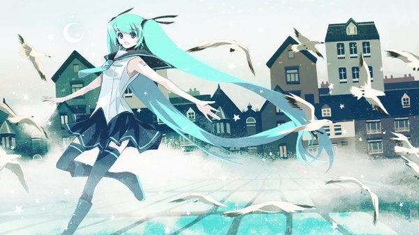 Anime picture 1280x720 with vocaloid hatsune miku chris (pixiv) blue eyes smile wide image twintails very long hair aqua hair city girl skirt uniform school uniform animal necktie bird (birds) building (buildings) microphone house