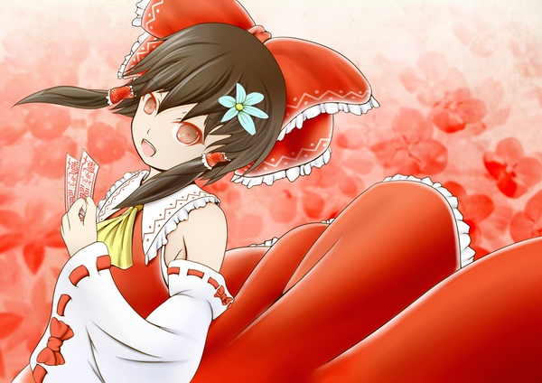 Anime picture 1024x725 with touhou hakurei reimu tagme (artist) open mouth red eyes brown hair twintails braid (braids) hair flower twin braids miko girl hair ornament flower (flowers) bow ribbon (ribbons) detached sleeves