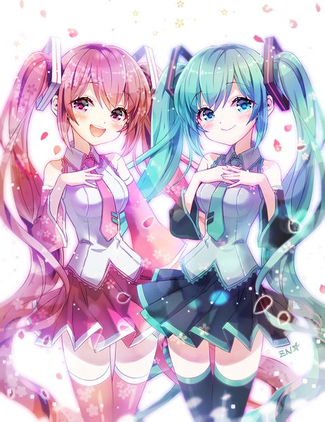 Anime picture 800x1035 with vocaloid hatsune miku sakura miku zenyu tall image looking at viewer blush fringe open mouth simple background smile twintails bare shoulders multiple girls signed pink hair very long hair pleated skirt pink eyes aqua eyes