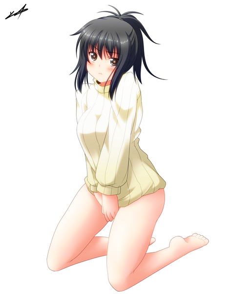 Anime picture 1184x1500 with original haru-yua (artist) single tall image blush short hair light erotic black hair simple background white background brown eyes girl sweater