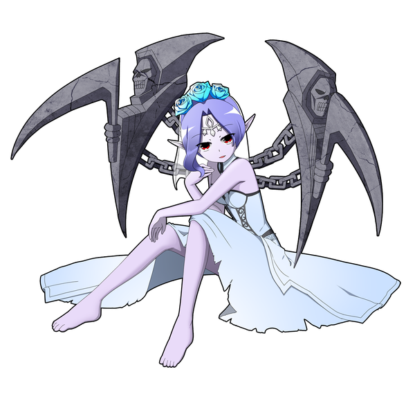 Anime picture 1200x1159 with league of legends morgana (league of legends) raoorica single looking at viewer fringe short hair simple background red eyes white background sitting purple hair barefoot hair flower pointy ears bare legs legs girl dress hair ornament