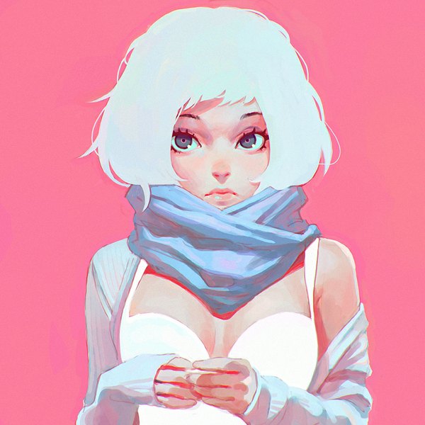 Anime picture 900x900 with original ilya kuvshinov single looking at viewer fringe short hair simple background bare shoulders white hair pink background girl dress white dress scarf