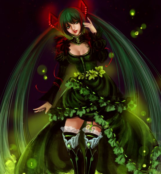 Anime picture 1799x1945 with vocaloid hatsune miku rikamello single tall image highres smile twintails green eyes very long hair nail polish green hair lips realistic lipstick gothic girl dress thigh boots