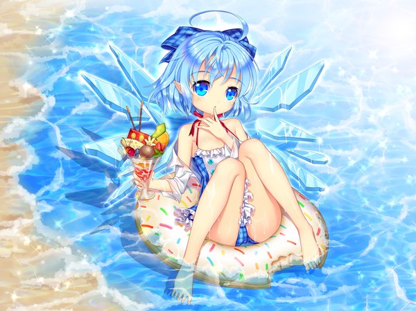 Anime picture 1654x1240 with touhou cirno agrt single looking at viewer blush short hair blue eyes light erotic blue hair finger to mouth girl swimsuit wings water parfait