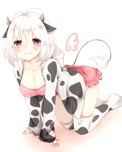 Anime picture 1610x2000 with original chita (ketchup) single tall image looking at viewer blush fringe short hair breasts light erotic simple background smile hair between eyes large breasts white background signed animal ears cleavage full body ahoge