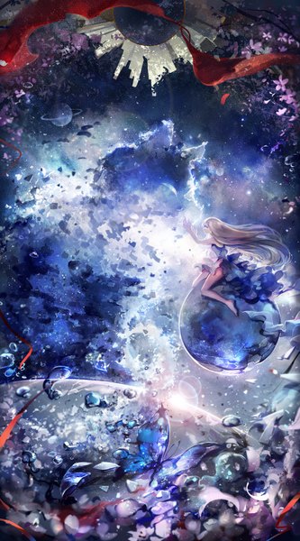 Anime picture 800x1440 with original tanukichi single long hair tall image blonde hair sitting cloud (clouds) barefoot wind no shoes outstretched arm space girl dress flower (flowers) insect butterfly star (stars) bubble (bubbles)