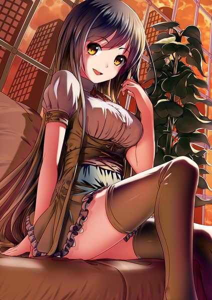 Anime picture 1000x1414 with original touboku single long hair tall image looking at viewer open mouth black hair sitting brown eyes girl thighhighs dress black thighhighs plant (plants)