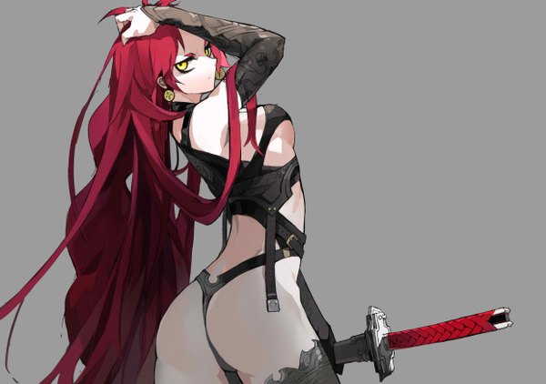 Anime picture 2480x1748 with original lamian (pixiv415608) single long hair highres breasts light erotic simple background holding ass red hair grey background hand on head girl weapon earrings sword