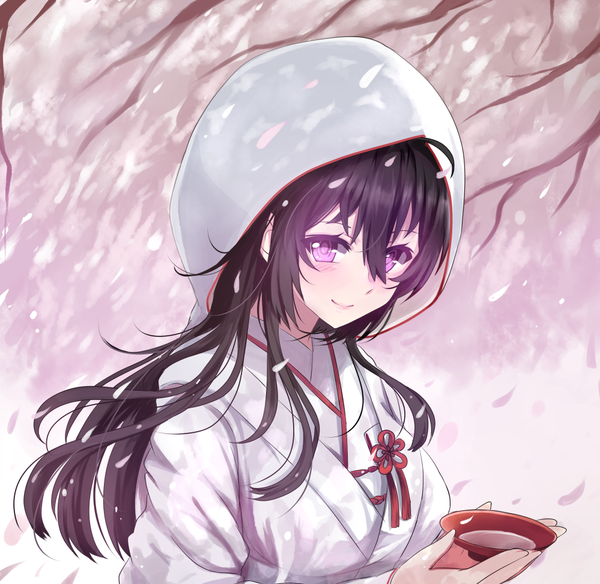 Anime picture 999x974 with original miyaura sanshio beifeng han single long hair looking at viewer blush fringe black hair smile hair between eyes purple eyes holding payot upper body ahoge traditional clothes japanese clothes wind cherry blossoms