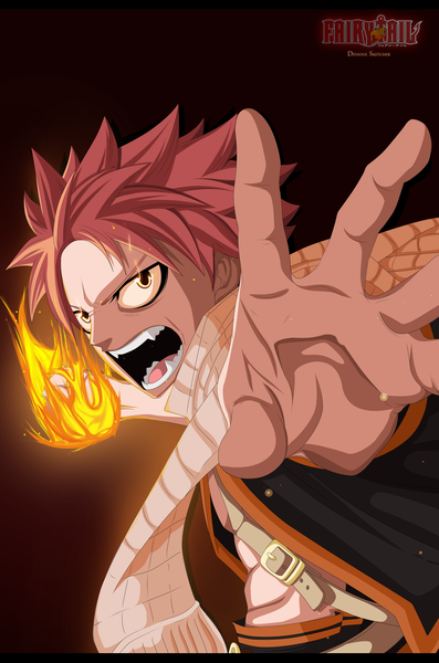 Anime picture 2682x4050 with fairy tail natsu dragneel devioussketcher single tall image highres short hair open mouth simple background yellow eyes pink hair inscription coloring magic glowing black background glowing eye (eyes) muscle angry boy