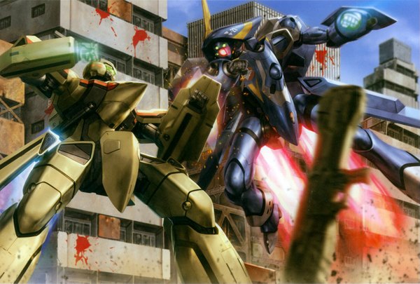 Anime picture 1797x1215 with macross macross plus yf-21 guld goa bowman isamu dyson yf-19 highres sky scan realistic official art no people battle science fiction building (buildings) house mecha