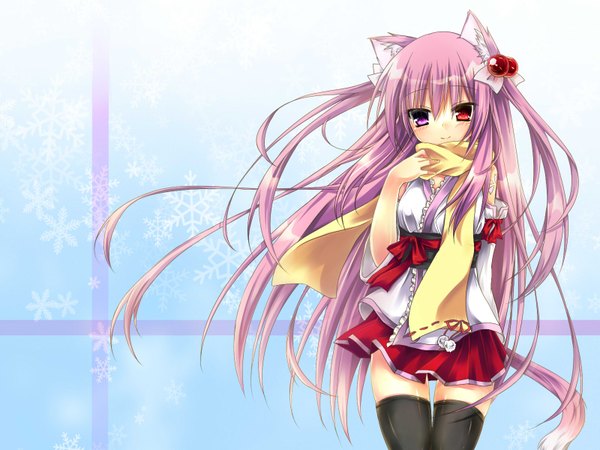 Anime picture 1600x1200 with original otogi sakura single long hair blush smile animal ears purple hair tail animal tail cat ears cat girl cat tail girl thighhighs dress hair ornament black thighhighs detached sleeves scarf