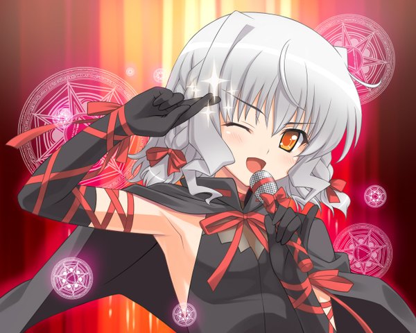 Anime picture 1280x1024 with night wizard bell zephyr short hair silver hair orange eyes girl