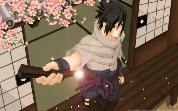 Anime picture 2560x1600 with naruto studio pierrot naruto (series) uchiha sasuke cilou (artist) luffy-san92 highres short hair black hair red eyes wide image from above wallpaper coloring cherry blossoms sharingan boy flower (flowers) weapon petals