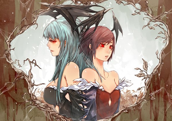 Anime picture 1000x707 with vampire / darkstalkers (game) morrigan aensland lilith aensland ian olympia long hair short hair open mouth red eyes brown hair bare shoulders multiple girls blue hair demon girl bat wings head wings girl dress 2 girls wings black dress