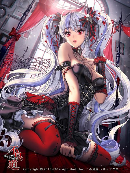 Anime picture 750x1000 with furyou michi ~gang road~ kutsumiya yuuzuki love cacao single long hair tall image looking at viewer red eyes bare shoulders silver hair very long hair girl thighhighs dress hair ornament bow hair bow detached sleeves earrings bed