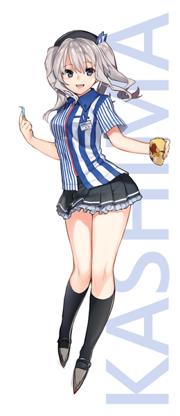 Anime picture 1000x2308 with kantai collection lawson kashima training cruiser akayan single long hair tall image open mouth blue eyes simple background hair between eyes white background twintails silver hair character names striped girl uniform socks food