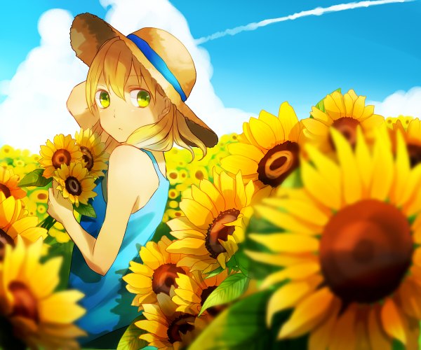 Anime picture 1200x1000 with inazuma eleven afuro terumi tagme (artist) single fringe blonde hair standing holding green eyes sky cloud (clouds) otoko no ko boy flower (flowers) hat bouquet sunflower