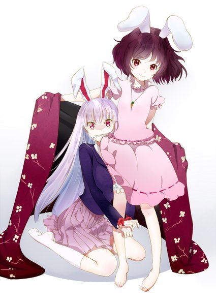 Anime picture 1000x1412 with touhou reisen udongein inaba inaba tewi yamada ranga long hair tall image looking at viewer blush short hair simple background smile red eyes brown hair white background multiple girls purple hair barefoot bunny ears no shoes bondage
