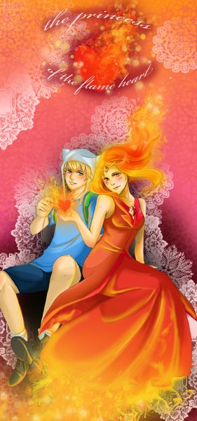 Anime picture 1729x3685 with adventure time finn the human flame princess long hair tall image blush highres short hair blonde hair bare shoulders yellow eyes orange hair inscription orange eyes couple girl dress boy hair ornament heart