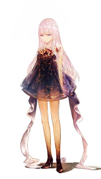Anime picture 600x1060 with original illak single long hair tall image looking at viewer fringe simple background standing white background bare shoulders pink hair long sleeves pink eyes constellation girl dress black dress