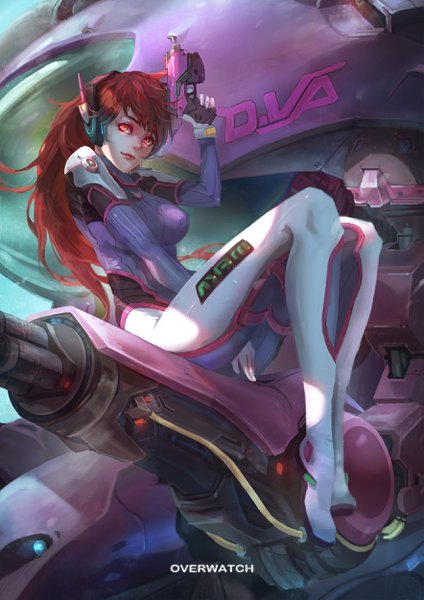Anime picture 1767x2500 with overwatch blizzard entertainment d.va (overwatch) meka (overwatch) uneric126 single long hair tall image looking at viewer fringe highres breasts smile hair between eyes red eyes brown hair sitting holding full body bent knee (knees)