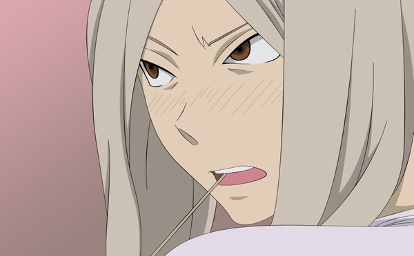 Anime picture 3810x2363 with soul eater studio bones mifune morrow long hair blush highres open mouth simple background wide image holding brown eyes absurdres grey hair mouth hold close-up pink background face vector boy