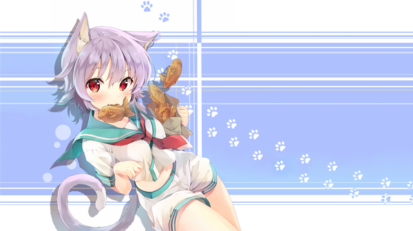 Anime picture 4370x2454 with kantai collection tama light cruiser kakao rantan single looking at viewer blush fringe highres short hair breasts open mouth hair between eyes red eyes wide image holding animal ears absurdres purple hair tail animal tail