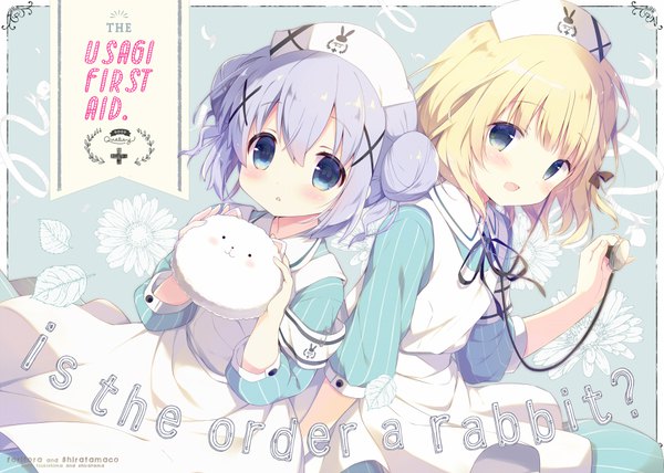 Anime picture 900x643 with gochuumon wa usagi desu ka? white fox kafuu chino tippy (gochiusa) kirima sharo shiratama (shiratamaco) tsukishima yuuko fringe short hair open mouth blue eyes blonde hair hair between eyes multiple girls payot purple hair :d :o hair bun (hair buns) copyright name