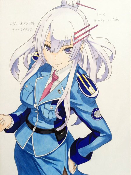 Anime picture 768x1024 with heavy object j.c. staff frolaytia capistrano ryu-nosuke0326 single long hair tall image looking at viewer fringe breasts simple background smile hair between eyes large breasts standing white background purple eyes payot white hair from above