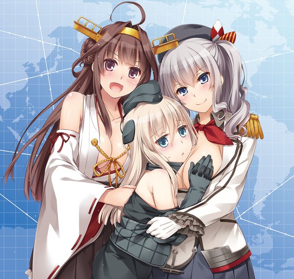 Anime picture 1000x949 with kantai collection kongou battleship kashima training cruiser ro-500 submarine nakajima yuka long hair blush open mouth blue eyes light erotic smile brown hair purple eyes multiple girls silver hair ahoge white hair girl gloves hair ornament