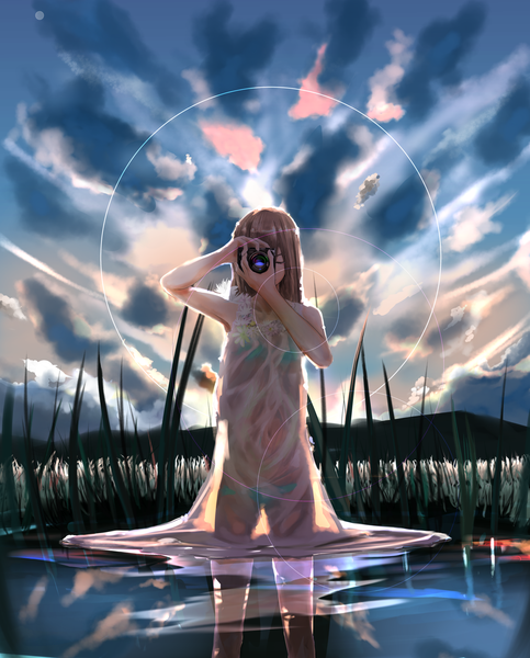 Anime picture 1774x2200 with original nine (plantroom9) single long hair tall image fringe highres light erotic brown hair standing bare shoulders sky cloud (clouds) eyes closed sunlight wet reflection mountain wet clothes sunbeam