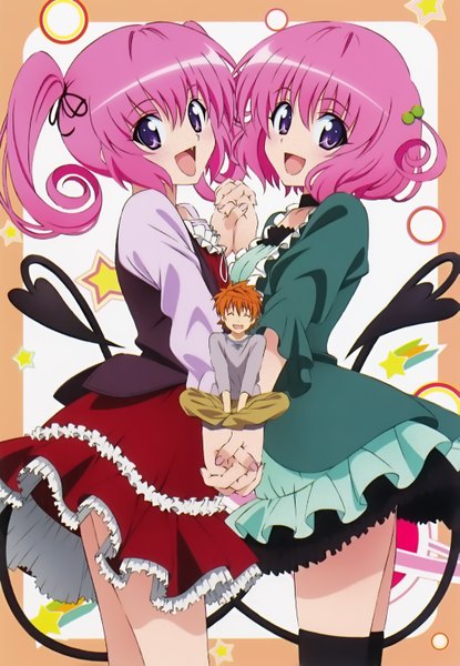 Anime picture 2033x2935 with toloveru xebec momo velia deviluke nana asta deviluke yuuki rito tagme (artist) tall image looking at viewer blush highres short hair open mouth purple eyes twintails multiple girls pink hair tail scan girl thighhighs
